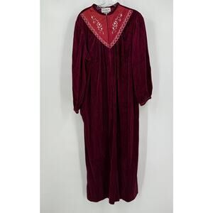 Anne Leslie Womens Size XL Burgundy Velour Robe Vintage Embroidered Boho